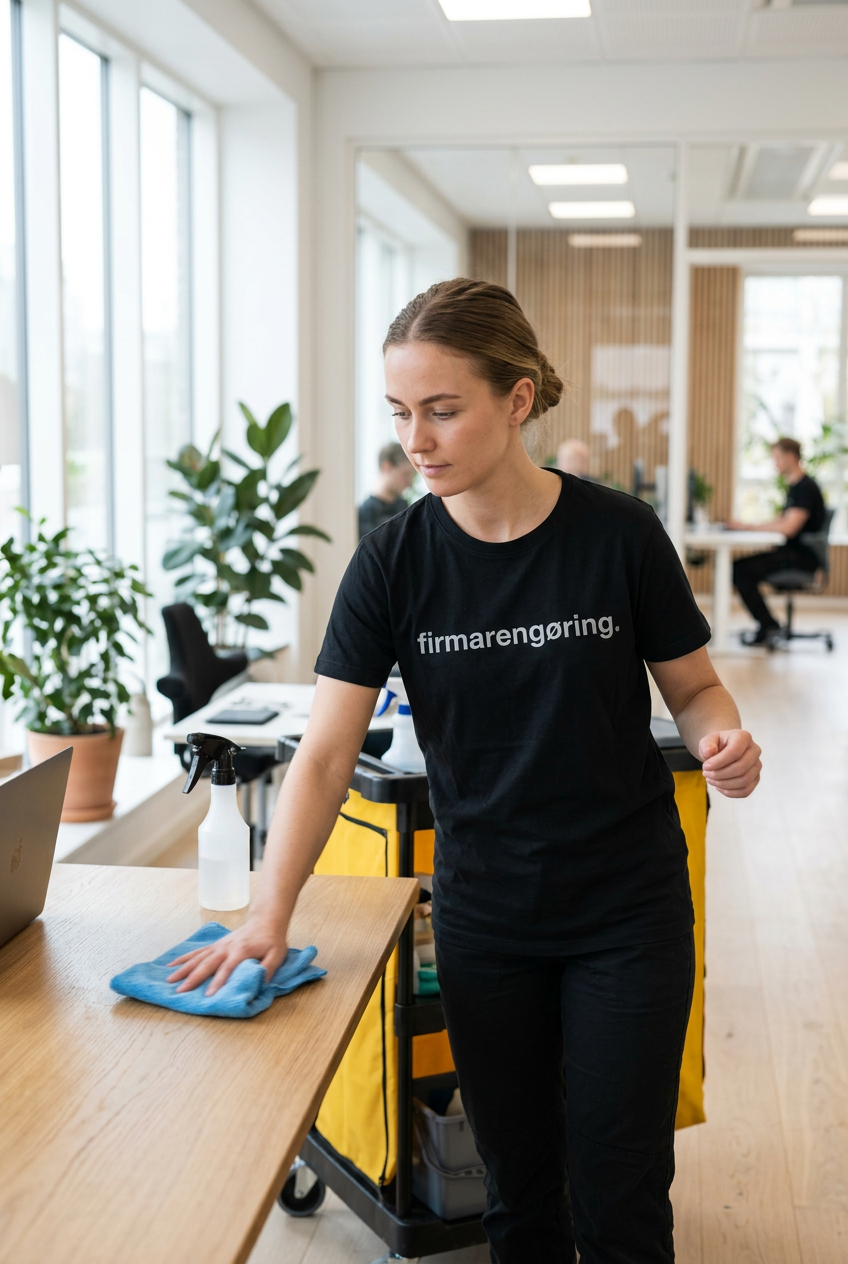 Medarbejder tørrer skrivebord af på kontor